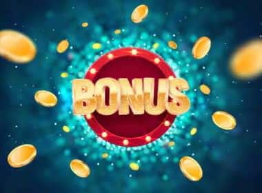 the word bonus in large gold letters against a red chip with a purple halo and casino chips floating around