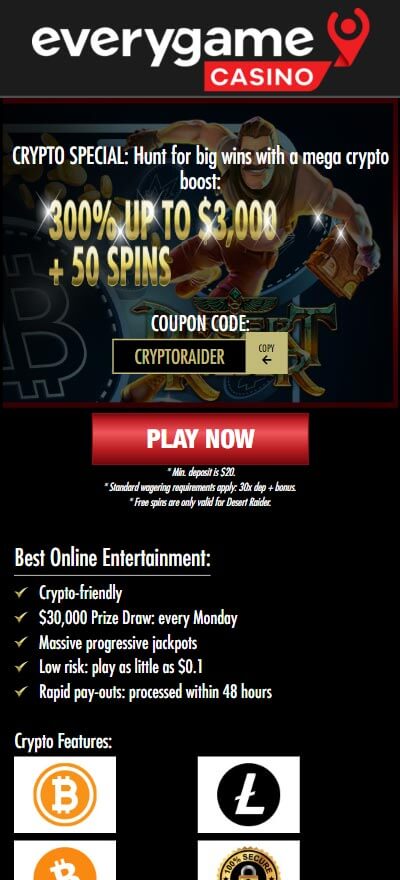 Don't miss the Everygame Casino Red $3000+ Crypto bonuses