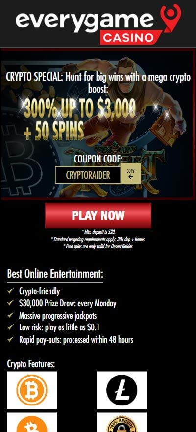 Don't miss the Everygame Casino Red 00+ Crypto bonuses