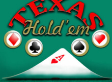 colorful graphic of Texas Holdem: green background, Texas in a half-moon in red, the four aces below and Hold'em in cursive