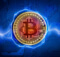 a golden bitcoin with lightning encircling the coin and in the background