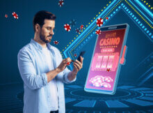young man with open business shirt playing on an online casino with chips floating in air