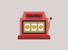 An illustration of a 3 reel slot with Bitcoin on the reels and the words ‘Big Win’ isolated on a light background