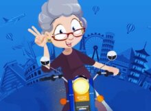 image of Glamma riding a motorcycle with international landmarks in the background.