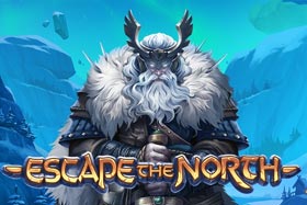 Screenshot of Escape the North slot game with five reels, various symbols including a wolf, horse, swords, Viking, and wizard, and options for Bonus Bet and Buy Feature