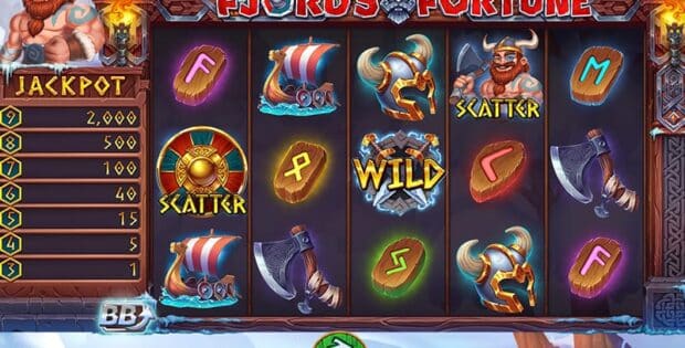 Colorful Viking-themed slot machine game screen titled Fjords' Fortune showing five reels with symbols like Viking ships, axes, runes, helmets, and scatter/wild icons. The interface displays a large win of $100,000,000.00 and a player balance of $100,000,000.00.