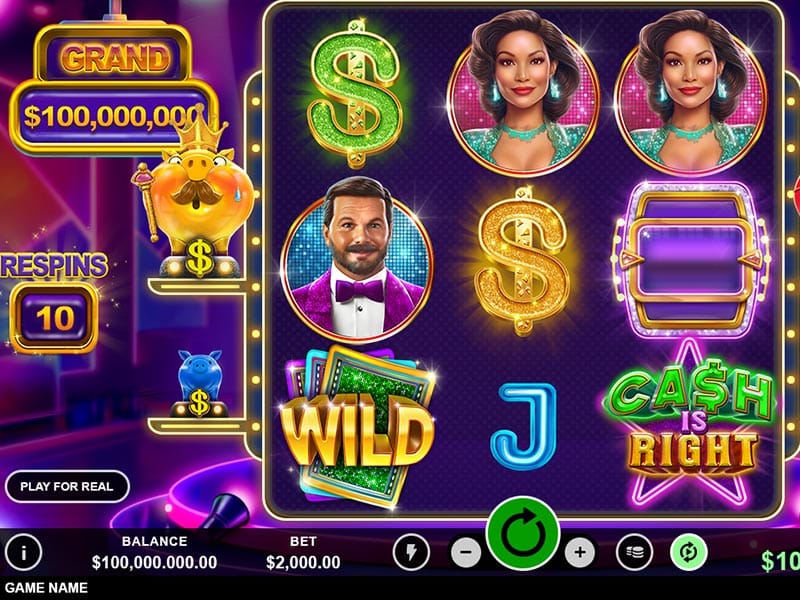Colorful slot game interface titled Cash is Right featuring symbols like dollar signs, a man in a suit, two images of a woman, a wild card stack, and a piggy bank, with a grand jackpot display of $100,000,000.