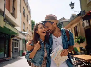 a young couple on vacation in a samll town