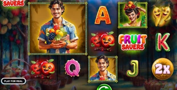 Screenshot of the Fruit Savers slot game interface featuring colorful fruit characters, vibrant symbols, and a smiling man holding a basket of fruits.