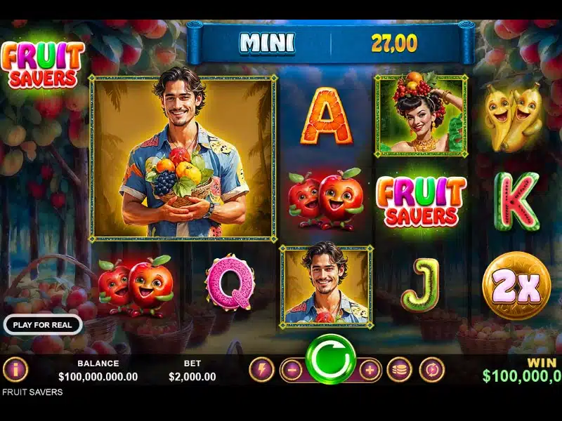 Screenshot of the Fruit Savers slot game interface featuring colorful fruit characters, vibrant symbols, and a smiling man holding a basket of fruits.