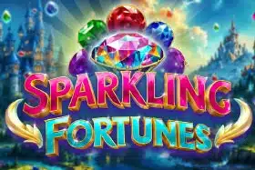 Screenshot of the Sparkling Fortunes slot game interface, featuring vibrant gemstones, a spinning reel, and a fantasy castle background.