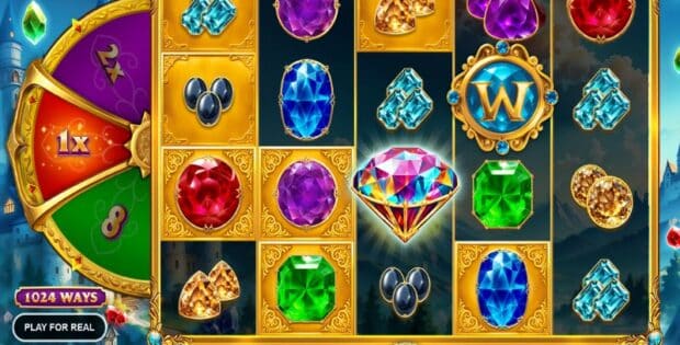 Screenshot of the Sparkling Fortunes slot game interface, featuring vibrant gemstones, a spinning reel, and a fantasy castle background.