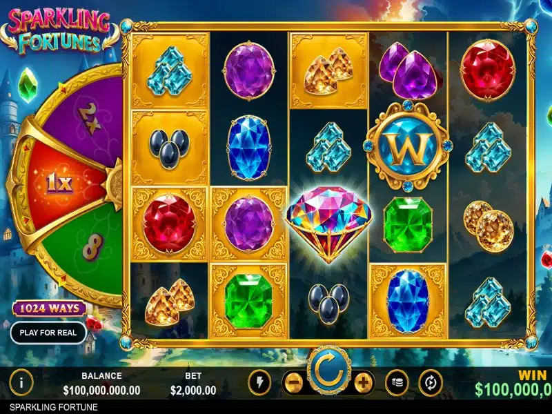 Screenshot of the Sparkling Fortunes slot game interface, featuring vibrant gemstones, a spinning reel, and a fantasy castle background.