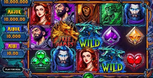 Screenshot of the Hades’ Flames of Fortune slot game interface featuring vivid characters, wild symbols, and jackpot tiers including Grand, Major, Minor, and Mini.