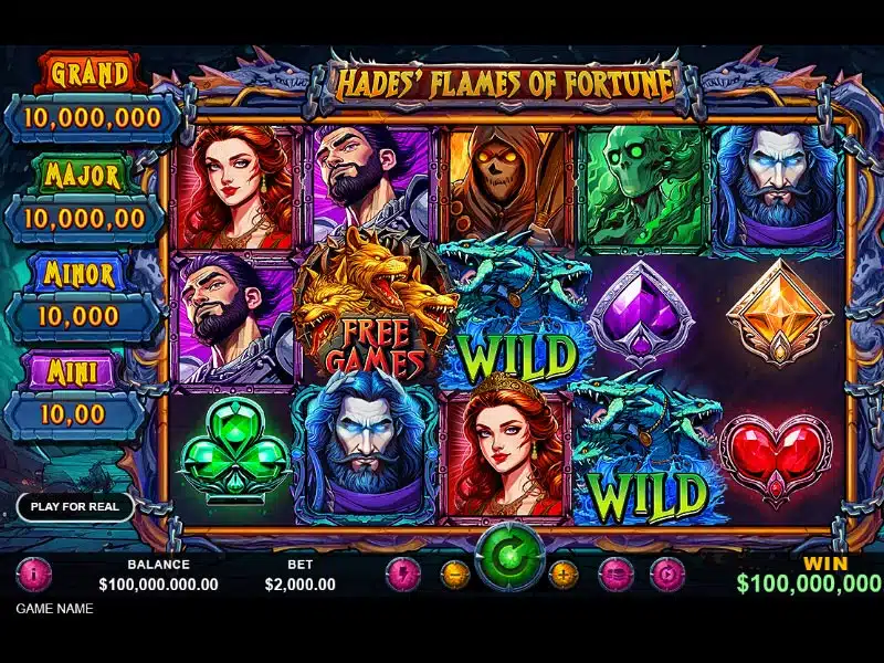 Screenshot of the Hades’ Flames of Fortune slot game interface featuring vivid characters, wild symbols, and jackpot tiers including Grand, Major, Minor, and Mini.