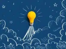 a yellow light bulb suspended in the air above blue clouds representing innovation and creativity