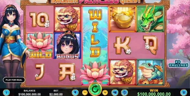 Colorful screenshot of the Shogun Princess Quest slot game featuring anime-style characters, symbols, and game interface with reels and paylines.