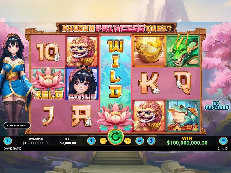 Colorful screenshot of the Shogun Princess Quest slot game featuring anime-style characters, symbols, and game interface with reels and paylines.