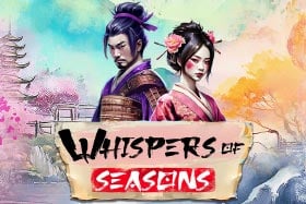Screenshot of the Whispers of Seasons slot game with a 5x3 reel layout. The reels display East Asian themed symbols including a geisha, samurai, koi fish, crane, torii gate, fan, lantern, and wild fireworks. The game's balance shows 0,000,000.00 and a win of 0,000,000.00.