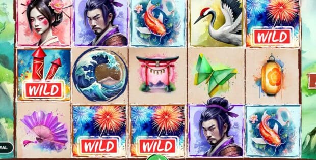 Screenshot of the Whispers of Seasons slot game with a 5x3 reel layout. The reels display East Asian themed symbols including a geisha, samurai, koi fish, crane, torii gate, fan, lantern, and wild fireworks. The game's balance shows 0,000,000.00 and a win of 0,000,000.00.